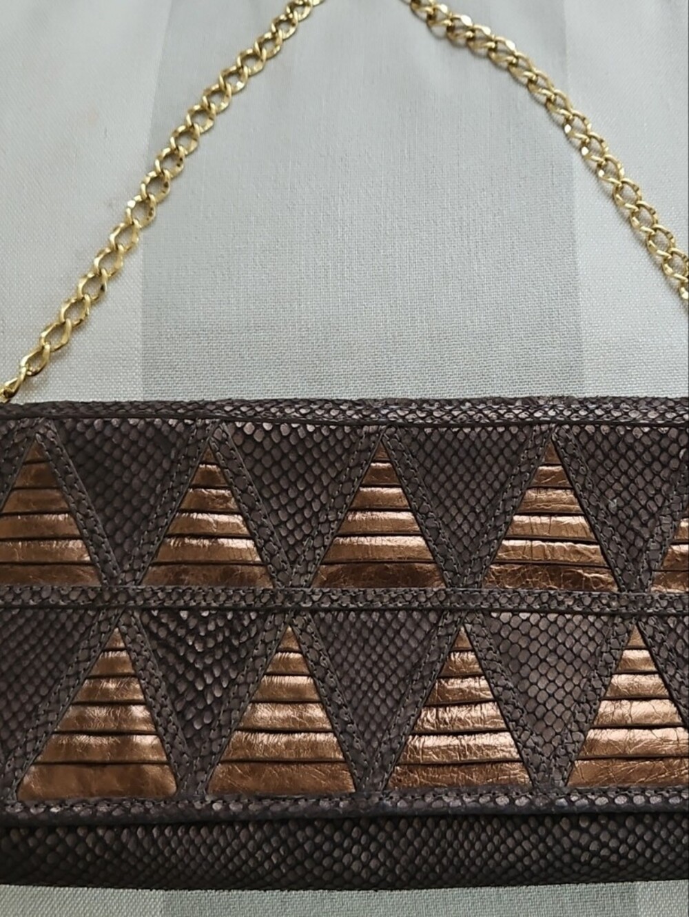 Isabella Fiore Brown & Metallic Bronze Textured Clutch with Gold Chain